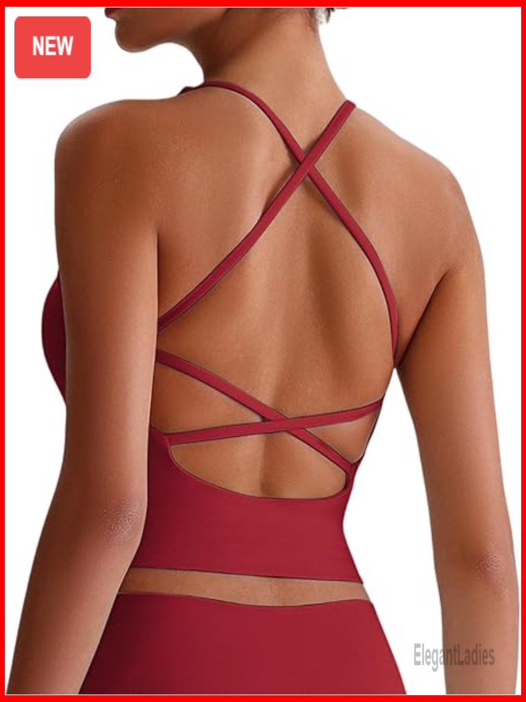 Cross Back Workout Crop Tank With Built In Bra V Neck Longline Sports Bra Gym